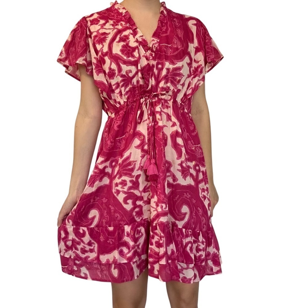 La Plage Dress Mini Pink Floral Cotton Summer Beach Casual Boho Size Medium